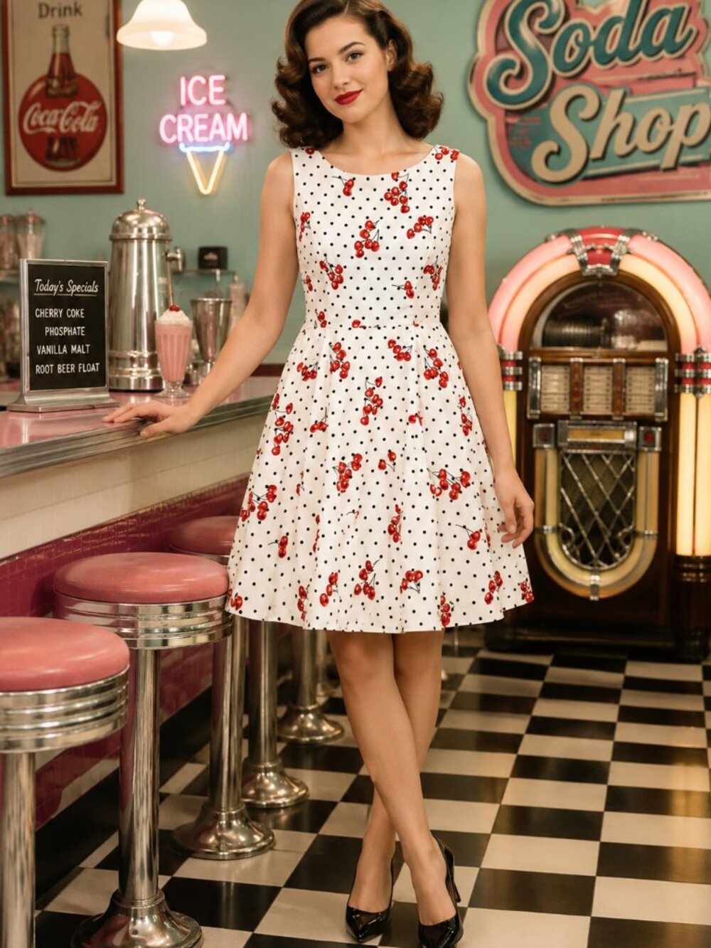 LA SOUL WHITE CHERRY AND POLKA DOT RETRO MINI DRESS SMALL